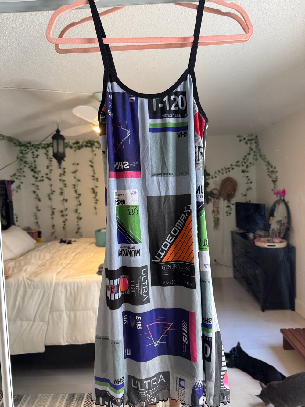Current Mood Multicolor VHS Graphic Mini Slip Dress